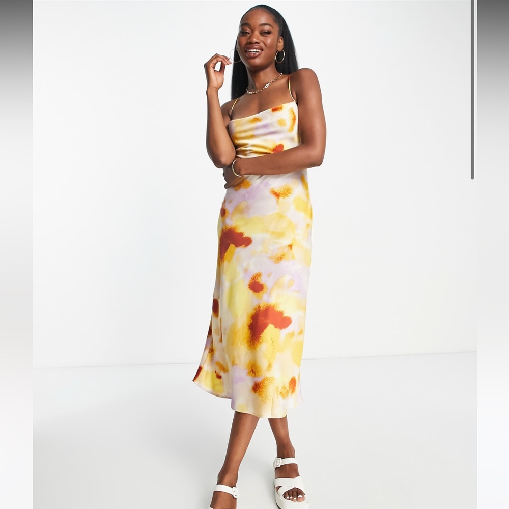 Stradivarius satin midi dress in blurred print